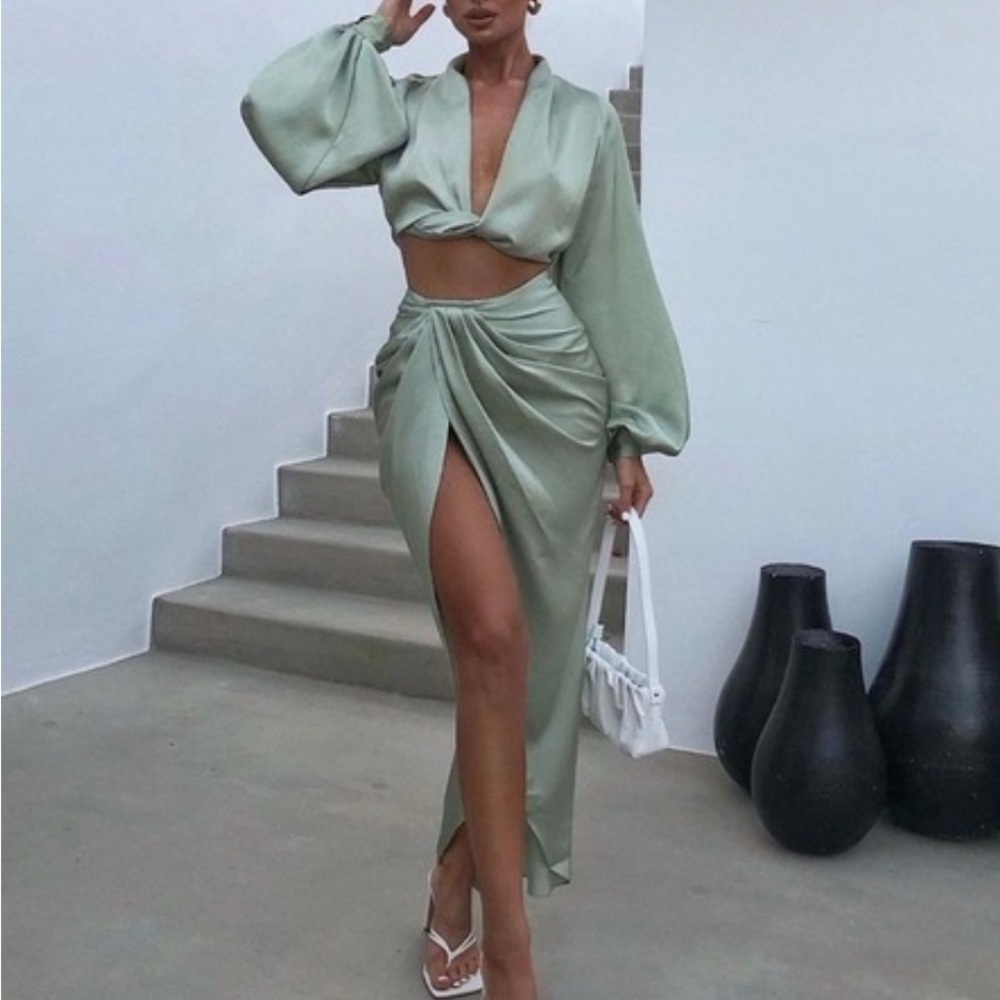 House Of CB Tosca Sage Satin Plunge Top & Constance Draped Skirt Set